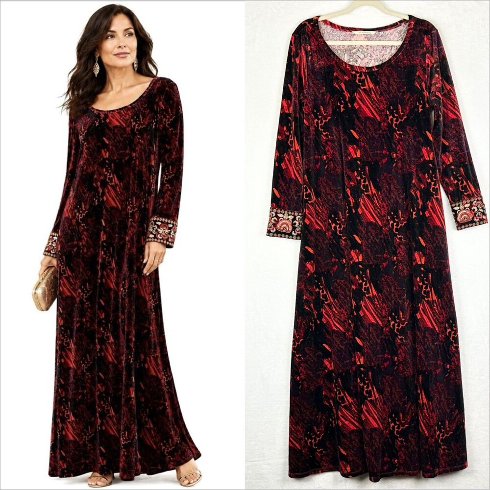 Soft Surroundings Santiago Stretch Velvet Maxi Dress Size Medium Beaded Cuffs